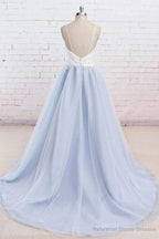 Light Blue Tulle Simple Spaghetti Straps Sweep Train Backless Prom Dress