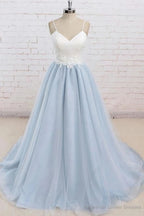 Light Blue Tulle Simple Spaghetti Straps Sweep Train Backless Prom Dress