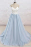 Light Blue Tulle Simple Spaghetti Straps Sweep Train Backless Prom Dress