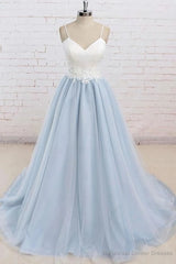 Light Blue Tulle Simple Spaghetti Straps Sweep Train Backless Prom Dress