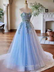 Light Blue Tulle Straps With Lace Applique Evening Prom Dress, Light Blue Party Dress
