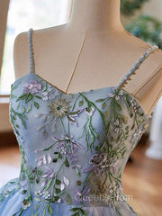 Light Blue Tulle Straps With Lace Applique Evening Prom Dress, Light Blue Party Dress