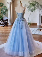 Light Blue Tulle Straps With Lace Applique Evening Prom Dress, Light Blue Party Dress