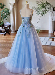 Light Blue Tulle Straps With Lace Applique Evening Prom Dress, Light Blue Party Dress