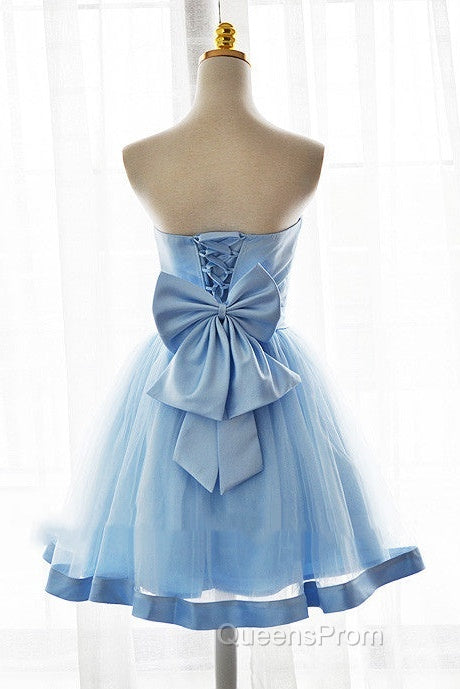 Light Blue Tulle Sweetheart With Bow Cute Party Dress, Blue Short Homecoming Dress Evening Prom Dress