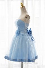 Light Blue Tulle Sweetheart With Bow Cute Party Dress, Blue Short Homecoming Dress Evening Prom Dress