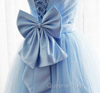 Light Blue Tulle Sweetheart With Bow Cute Party Dress, Blue Short Homecoming Dress Evening Prom Dress