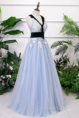 Light Blue Tulle With Flowers Lace Long Evening Dress Evening Prom Dress, A-Line Party Dress