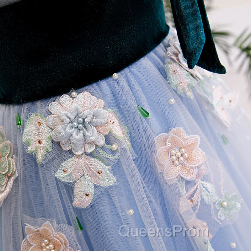 Light Blue Tulle With Flowers Lace Long Evening Dress Evening Prom Dress, A-Line Party Dress