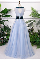 Light Blue Tulle With Flowers Lace Long Evening Dress Evening Prom Dress, A-Line Party Dress