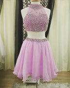 Light Blue Two Piece Homecoming Dress Beaded Halter