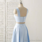 Light Blue Two Pieces Satin Long Prom Dress Simple Evening Dress