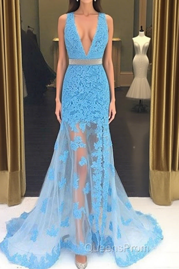 Light Blue V Neck Mermaid Lace Applique Long Evening Prom Dress, Lace Blue Formal Dress, Evening Dress Main image