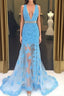 Light Blue V Neck Mermaid Lace Applique Long Evening Prom Dress, Lace Blue Formal Dress, Evening Dress