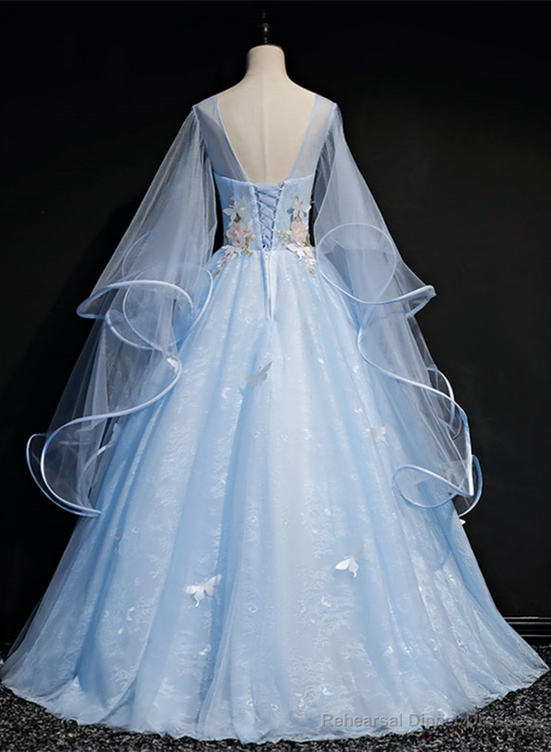 Light Blue with Flowers and Butterflies Formal Dress, Blue Sweet 16 Dresses Main image