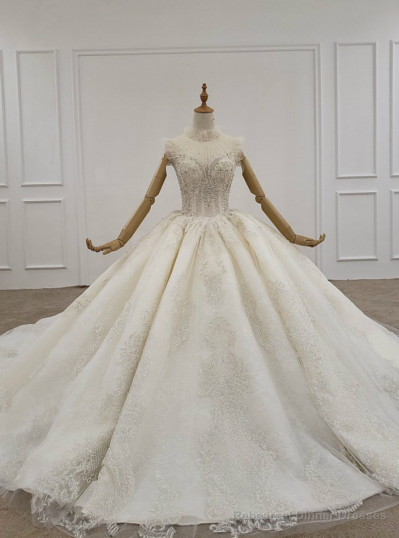 Light Champagne Ball Gown Tulle Sequins Beading Wedding Dress With Train Main image