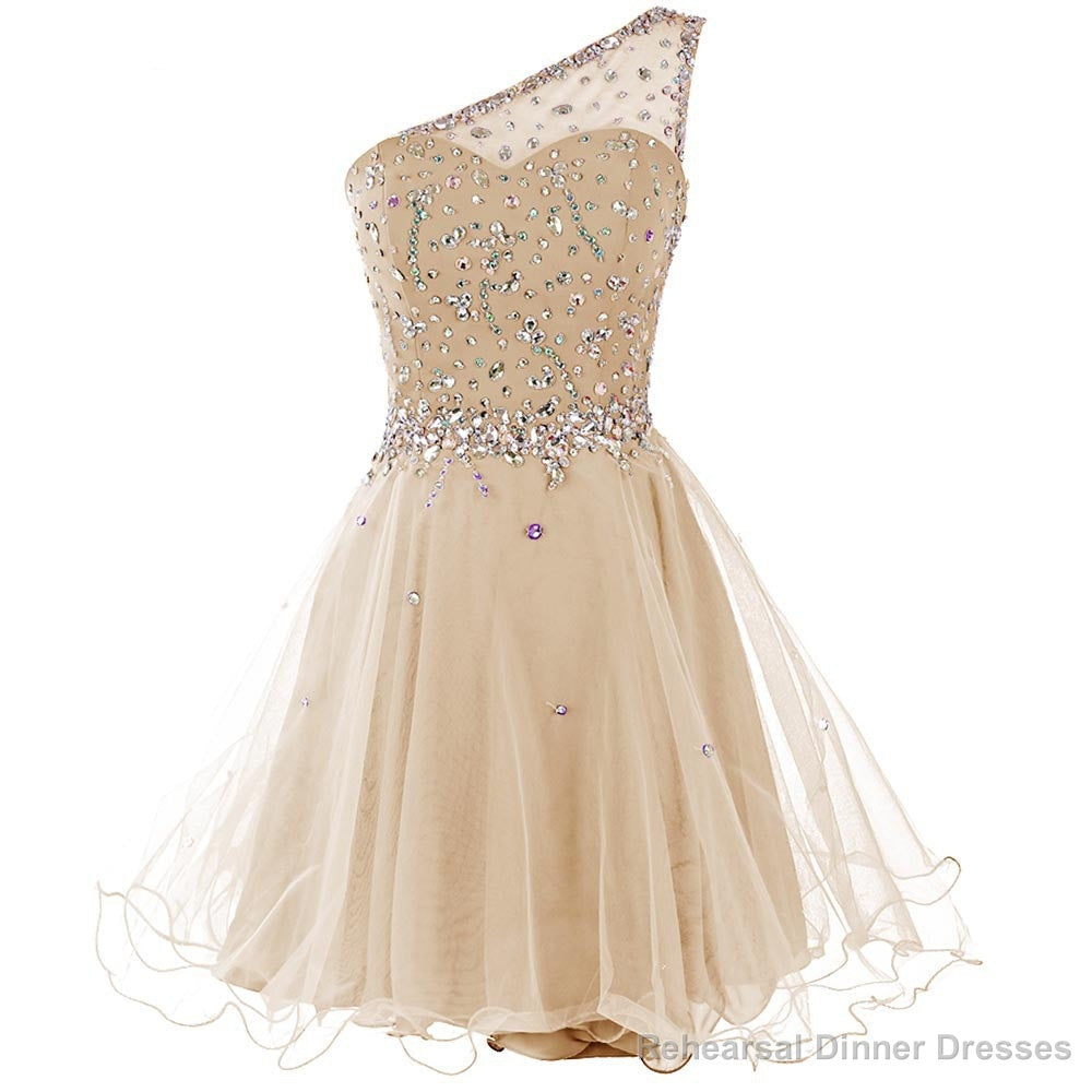 Light Champagne Beaded One Shoulder Chic Homecoming Dresses, Short Party Dress Prom Dresses Main image