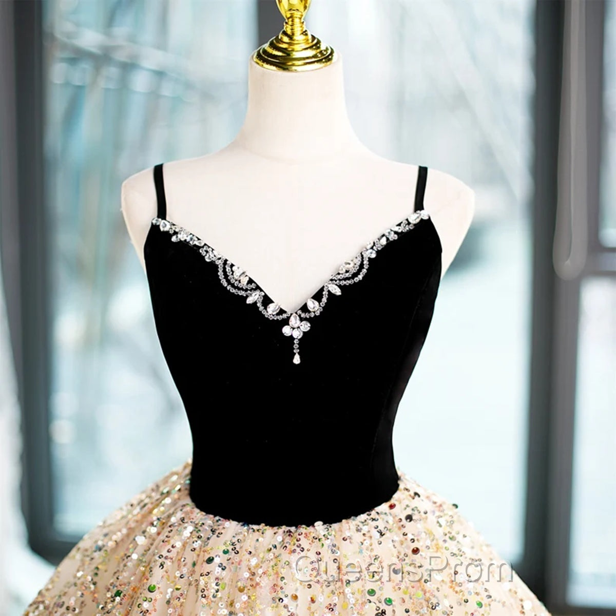 Light Champagne Beaded V-Neckline Party Dress, Cute Straps Long Evening Prom Dress Secondary image