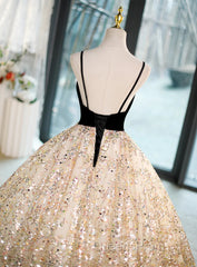 Light Champagne Beaded V-Neckline Party Dress, Cute Straps Long Evening Prom Dress