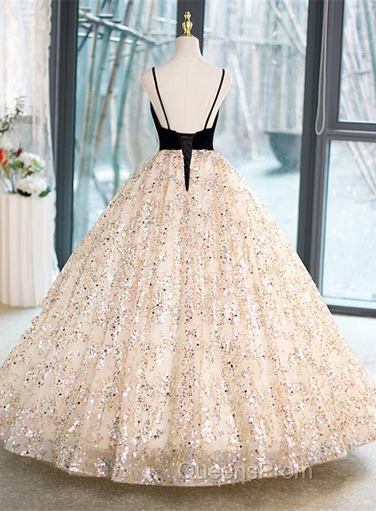 Light Champagne Beaded V-Neckline Party Dress, Cute Straps Long Evening Prom Dress