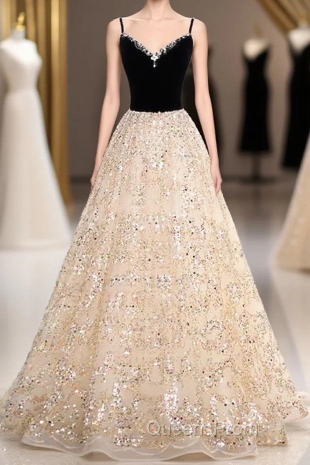 Light Champagne Beaded V-Neckline Party Dress, Cute Straps Long Evening Prom Dress Main image