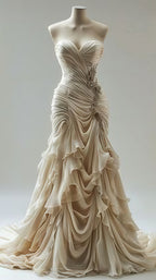 Light Champagne Chiffon Ruffle Classy Prom Dress With Applique Beads,
