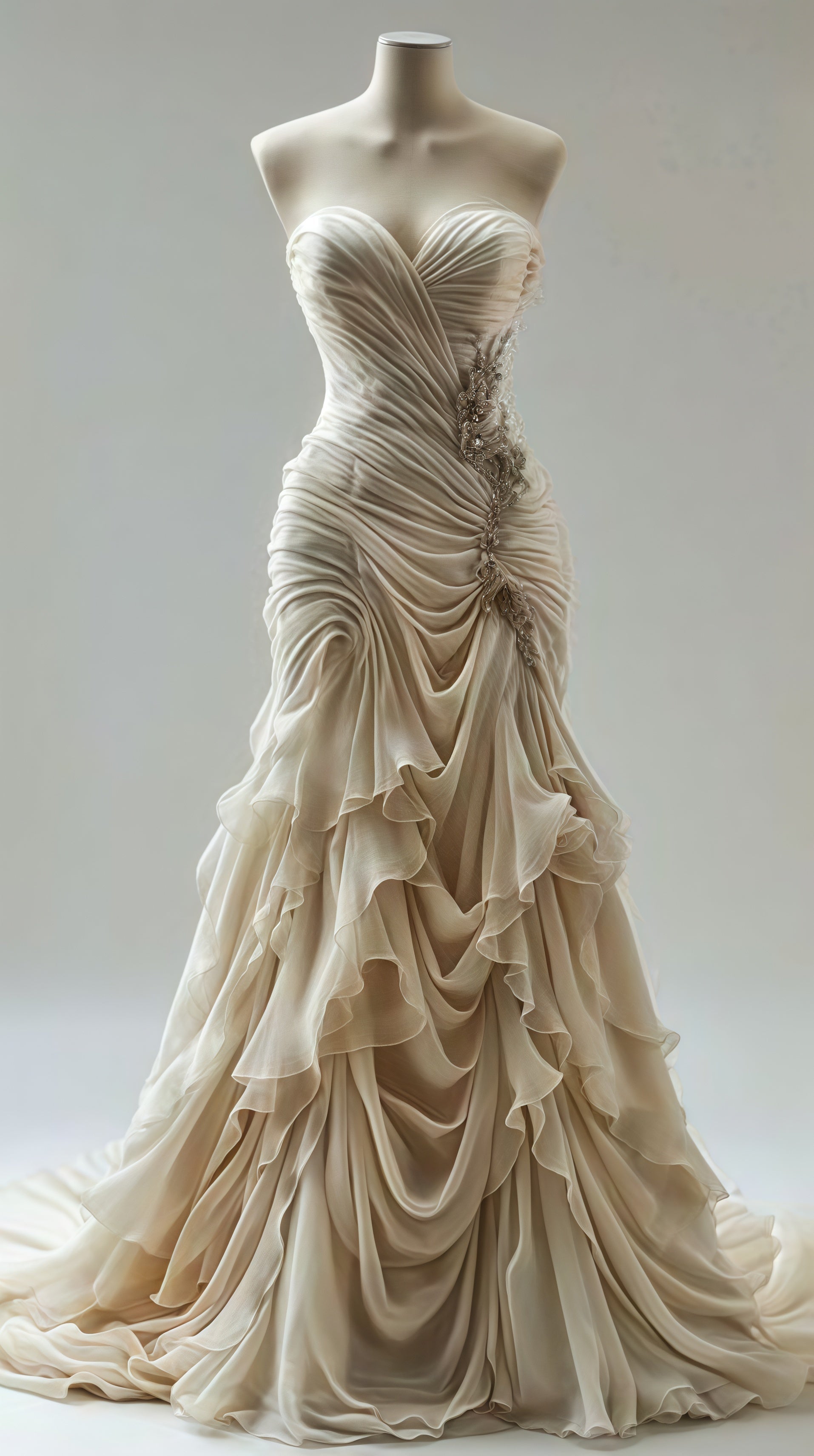 Light Champagne Chiffon Ruffle Classy Prom Dress With Applique Beads,