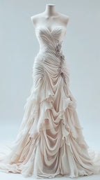 Light Champagne Chiffon Ruffle Classy Prom Dress With Applique Beads,