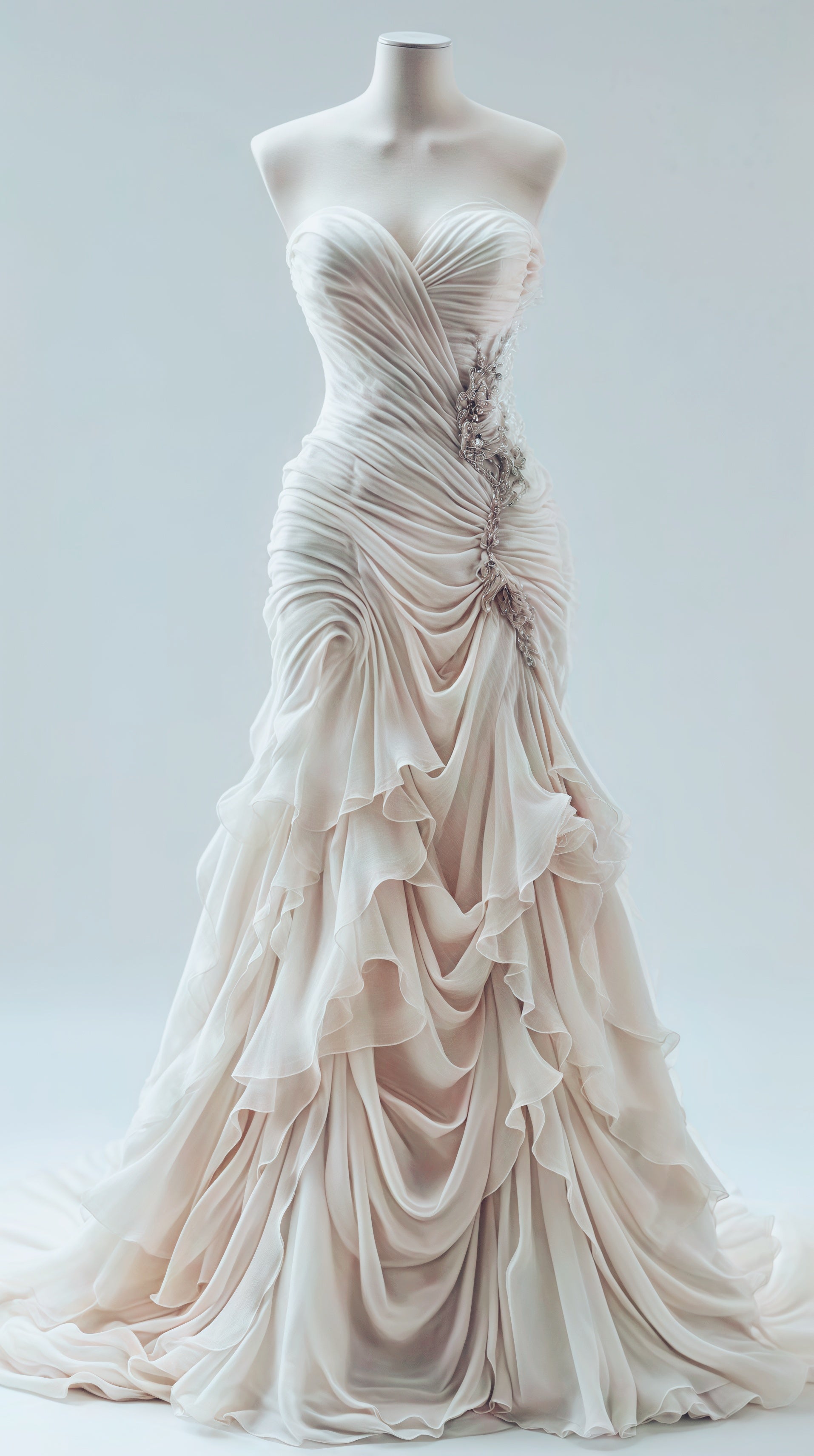 Light Champagne Chiffon Ruffle Classy Prom Dress With Applique Beads,