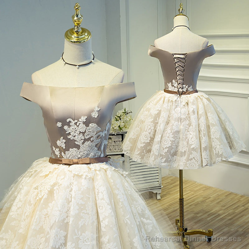 Light Champagne Lace and Satin Off Shoulder Party Dress Homecoming Dress, Short Prom Dress Main image