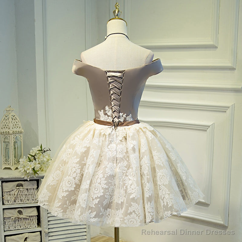 Light Champagne Lace and Satin Off Shoulder Party Dress Homecoming Dress, Short Prom Dress