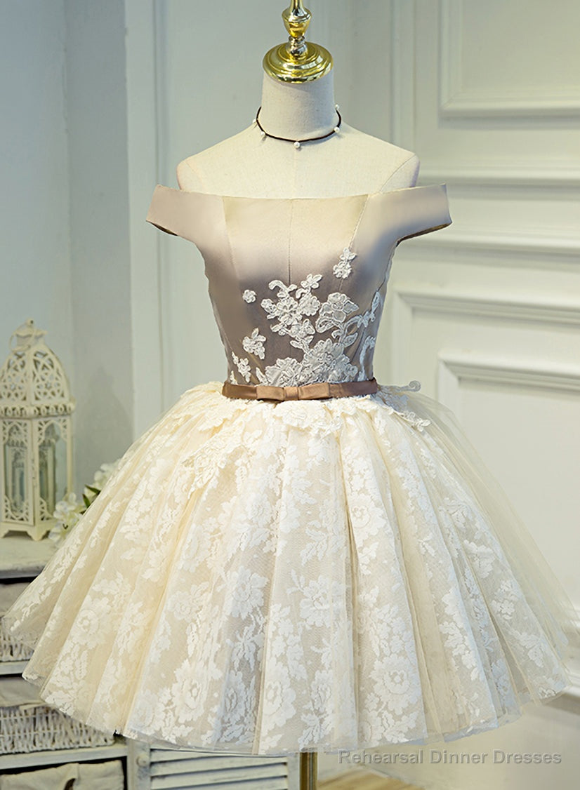 Light Champagne Lace and Satin Off Shoulder Party Dress Homecoming Dress, Short Prom Dress Secondary image