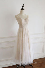 Light Champagne Lace Straps Sweetheart Party Dress Formal Dress, Tea Length Wedding Party Dress