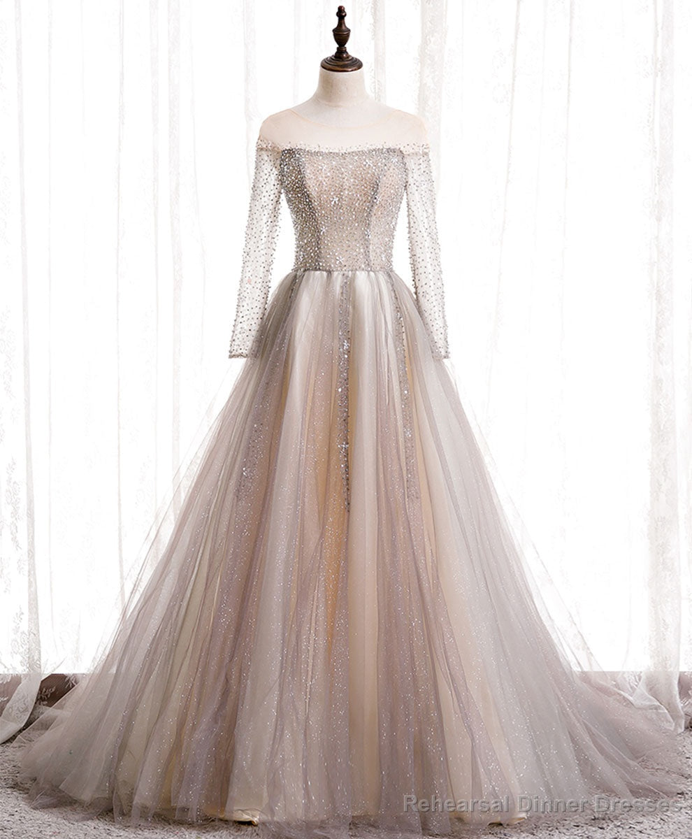 Light Champagne Long Prom Dress, A line Sequin Formal Evening Party Dress Secondary image
