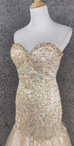 Light Champagne Mermaid Sweetheart Neck Beaded Tulle Long Ball Dress Vintage Evening Dress