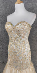 Light Champagne Mermaid Sweetheart Neck Beaded Tulle Long Ball Dress Vintage Evening Dress