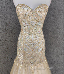 Light Champagne Mermaid Sweetheart Neck Beaded Tulle Long Ball Dress Vintage Evening Dress