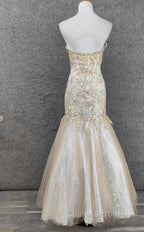 Light Champagne Mermaid Sweetheart Neck Beaded Tulle Long Ball Dress Vintage Evening Dress