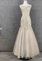 Light Champagne Mermaid Sweetheart Neck Beaded Tulle Long Ball Dress Vintage Evening Dress