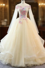 Light Champagne Off Shoulder Tulle With Flowers Formal Gown, Long Sweet 16 Dress