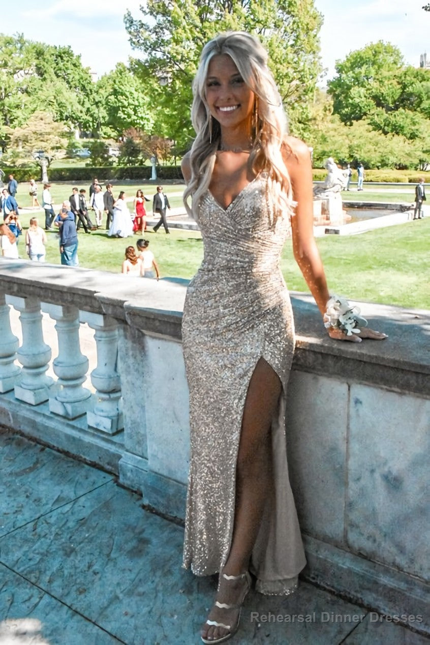 Light champagne sequin prom dresses, evening dresses,party dresses, sexy formal dress Main image