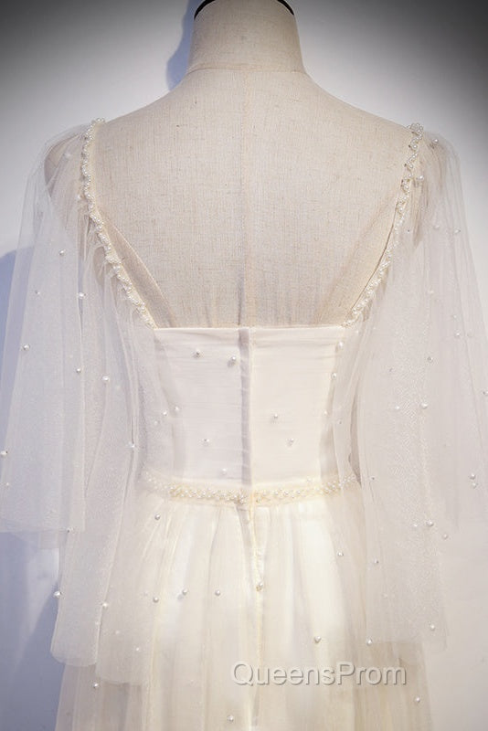 Light Champagne Short Sleeves Long Wedding Party Dress, Cute Evening Prom Dress