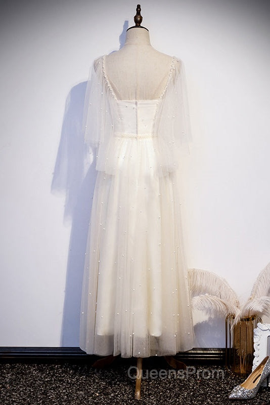 Light Champagne Short Sleeves Long Wedding Party Dress, Cute Evening Prom Dress