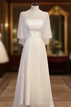 Light Champagne Short Sleeves Long Wedding Party Dress, Cute Evening Prom Dress