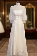 Light Champagne Short Sleeves Long Wedding Party Dress, Cute Evening Prom Dress