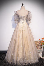 Light Champagne Short Sleeves Tulle Long Formal Dress, A-Line Floor Length Party Dress