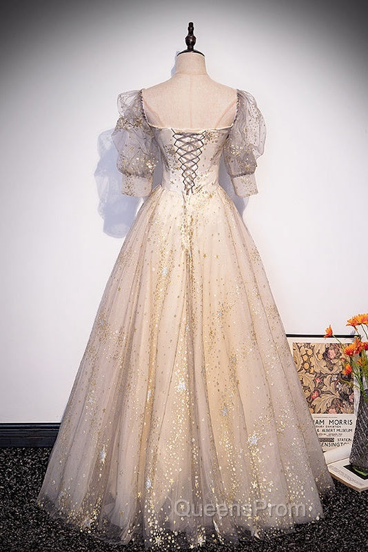 Light Champagne Short Sleeves Tulle Long Formal Dress, A-Line Floor Length Party Dress