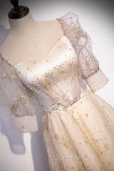 Light Champagne Short Sleeves Tulle Long Formal Dress, A-Line Floor Length Party Dress