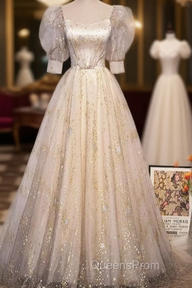 Light Champagne Short Sleeves Tulle Long Formal Dress, A-Line Floor Length Party Dress Main image
