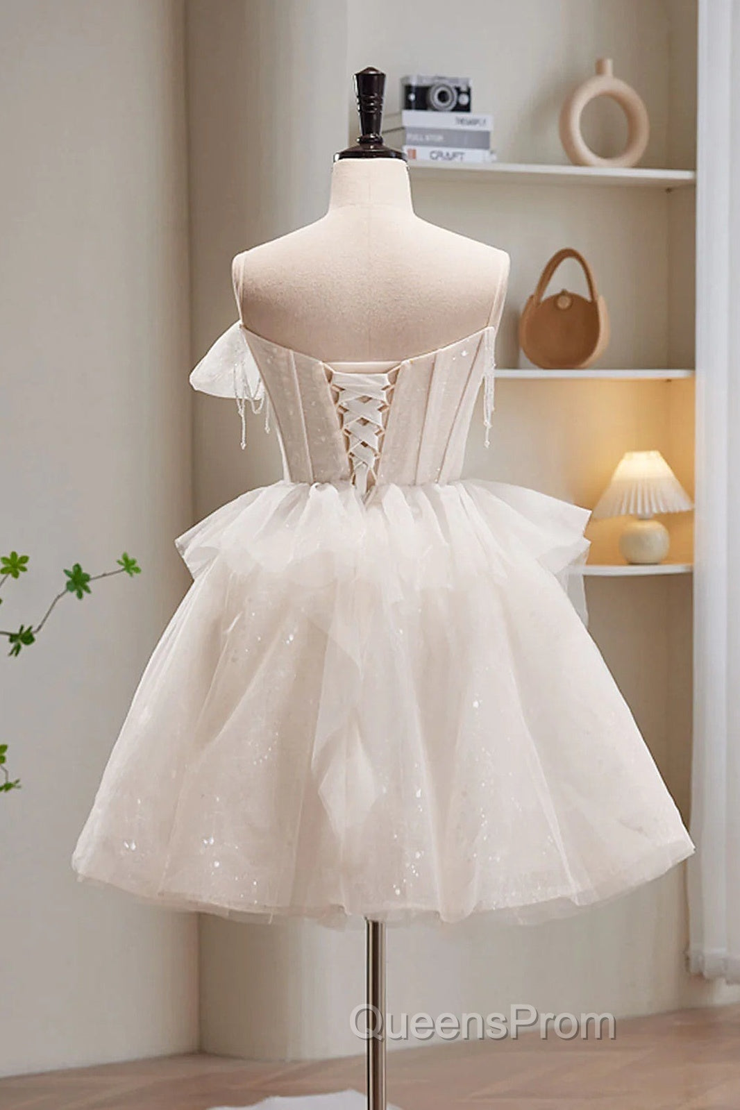 Light Champagne Short Tulle Evening Prom Dress, Short Light Champagne Formal Graduation Dress Secondary image